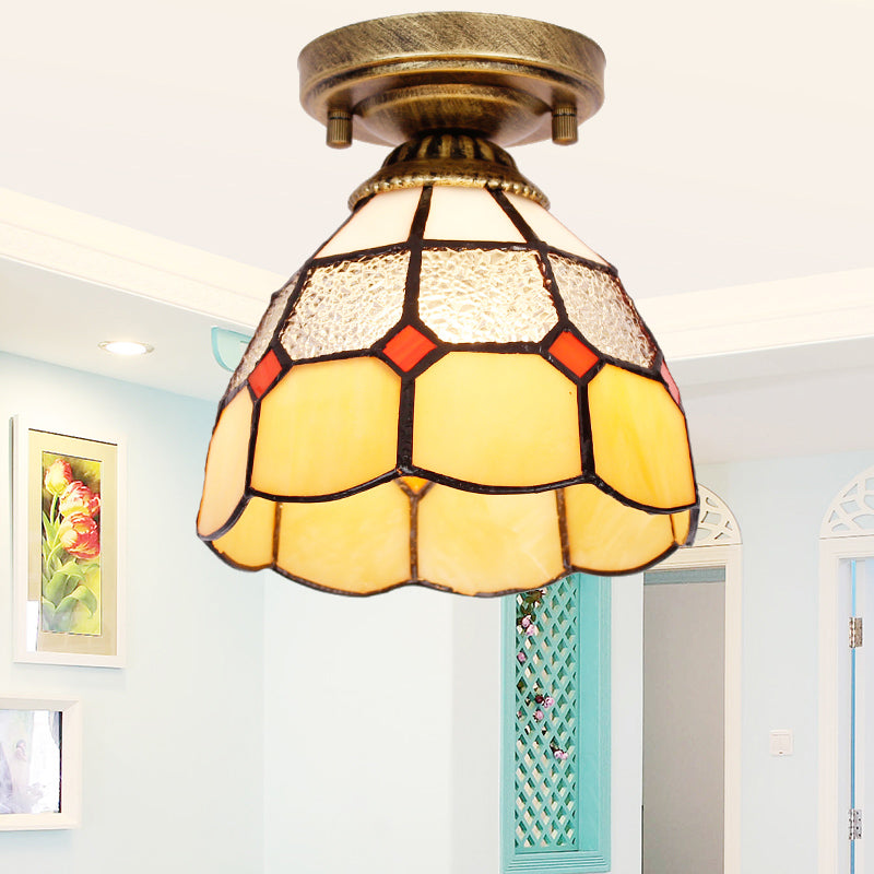 Tiffany Bell Shaped Semi Flush Light Single Gridded Glass Ceiling Flush Mount with Scalloped Trim