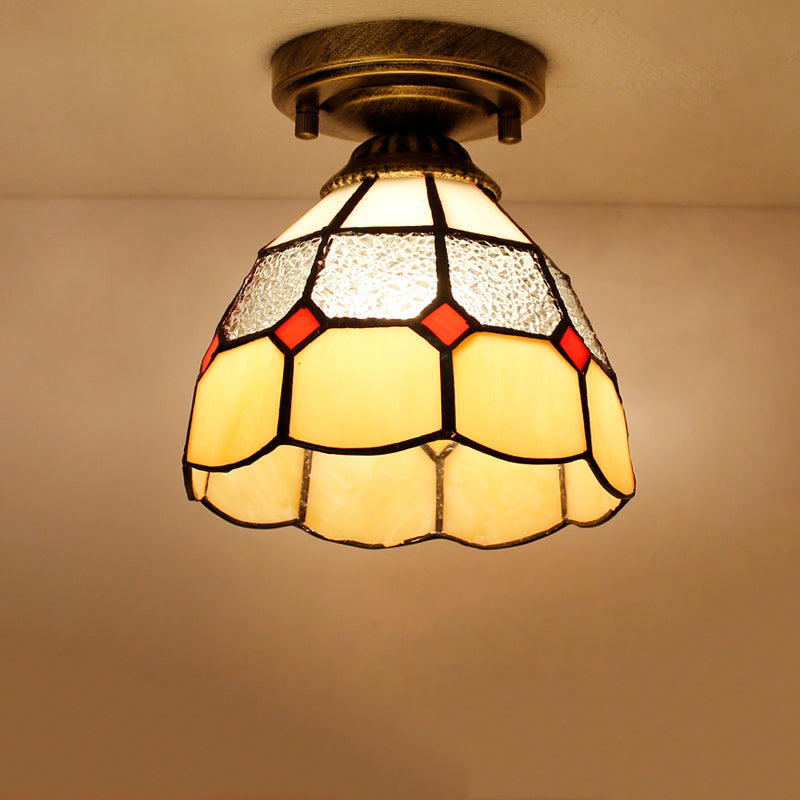 Tiffany Bell Shaped Semi Flush Light Single Gridded Glass Ceiling Flush Mount with Scalloped Trim