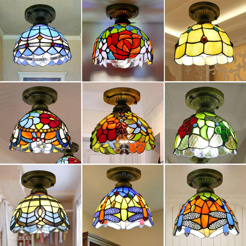 Single Semi Flush Tiffany Style Bowl Shade Stained Art Glass Flush Ceiling Light Fixture