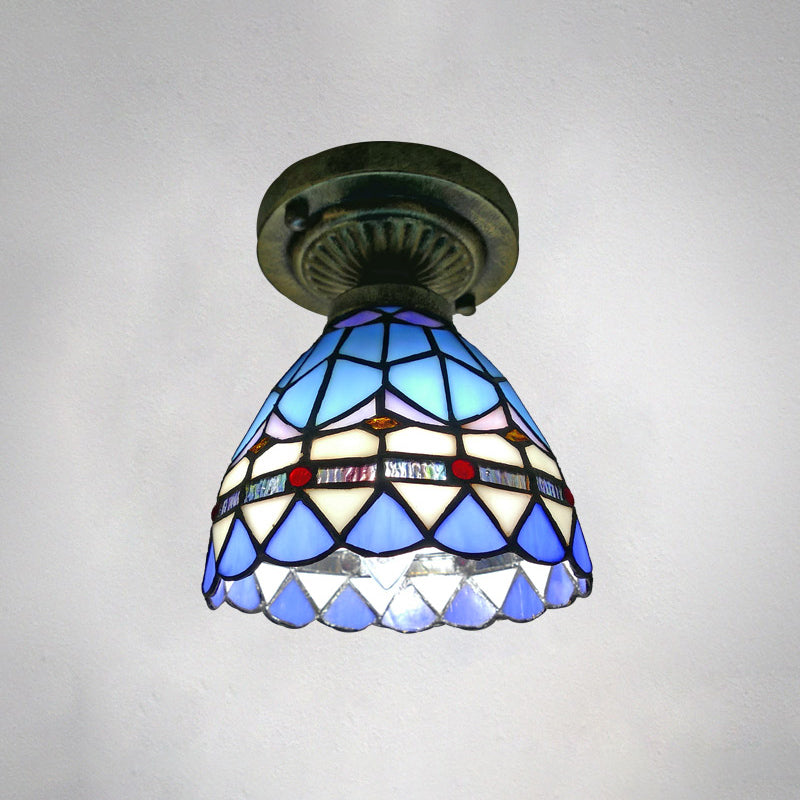 Single Semi Flush Tiffany Style Bowl Shade Stained Art Glass Flush Ceiling Light Fixture