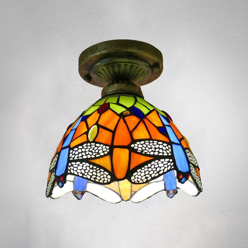 Single Semi Flush Tiffany Style Bowl Shade Stained Art Glass Flush Ceiling Light Fixture