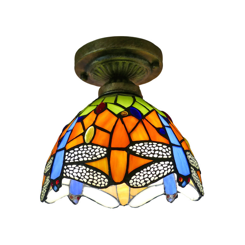 Single Semi Flush Tiffany Style Bowl Shade Stained Art Glass Flush Ceiling Light Fixture