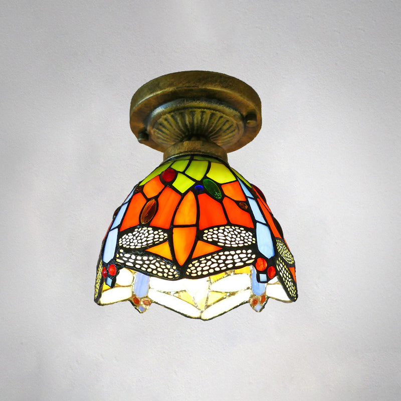 Single Semi Flush Tiffany Style Bowl Shade Stained Art Glass Flush Ceiling Light Fixture