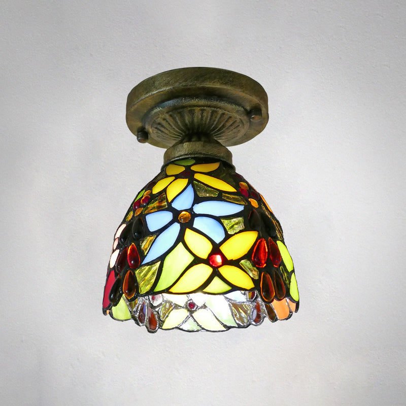 Single Semi Flush Tiffany Style Bowl Shade Stained Art Glass Flush Ceiling Light Fixture