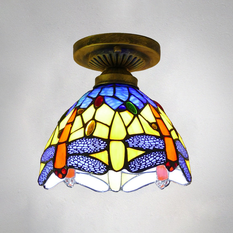 Single Semi Flush Tiffany Style Bowl Shade Stained Art Glass Flush Ceiling Light Fixture