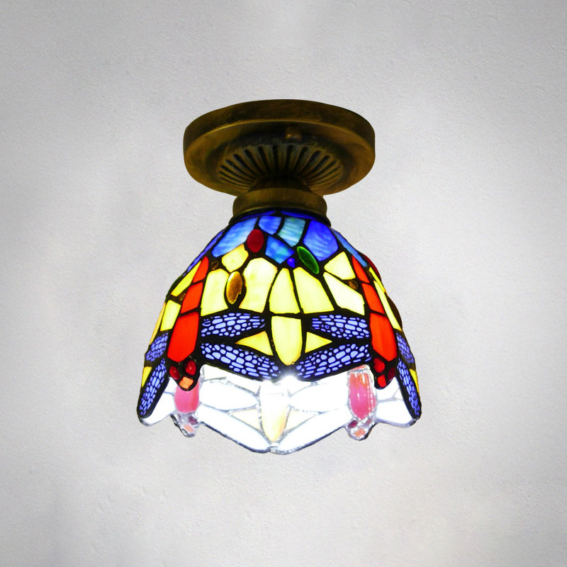 Single Semi Flush Tiffany Style Bowl Shade Stained Art Glass Flush Ceiling Light Fixture