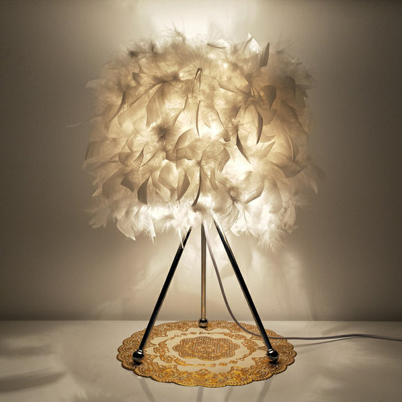 Modern Drum Table Light Feather 1-Light Living Room Nightstand Lighting with Metallic Tripod in White