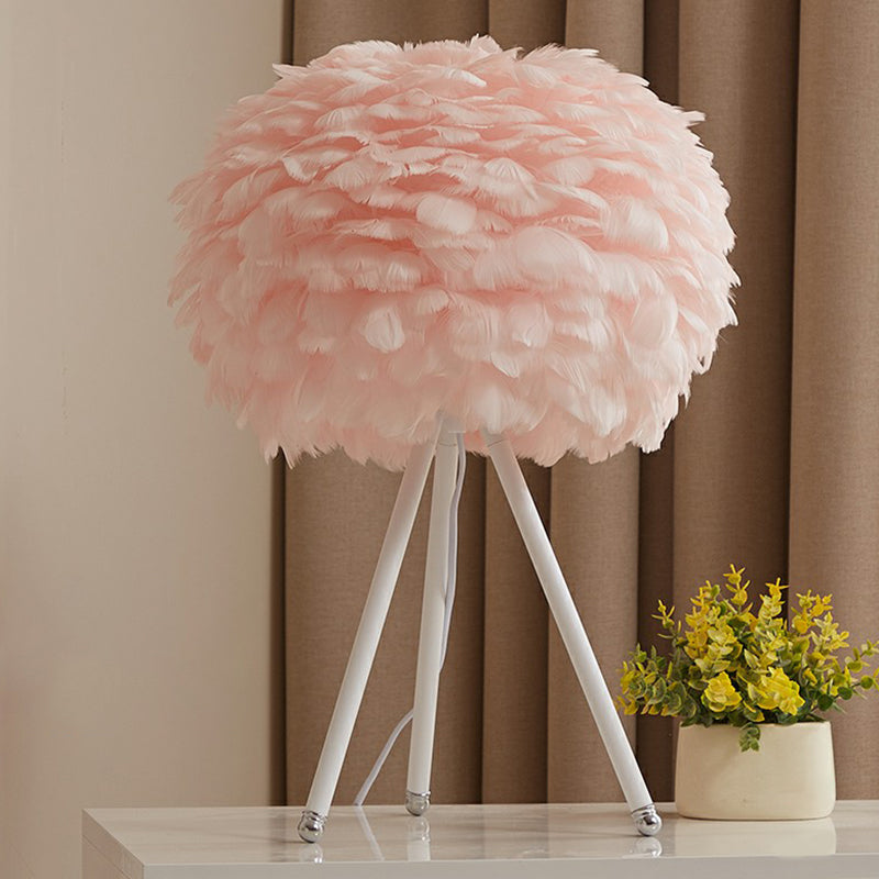 Feather Sphere Table Lighting Nordic 1 Head Nightstand Lamp with Metallic Tripod for Living Room