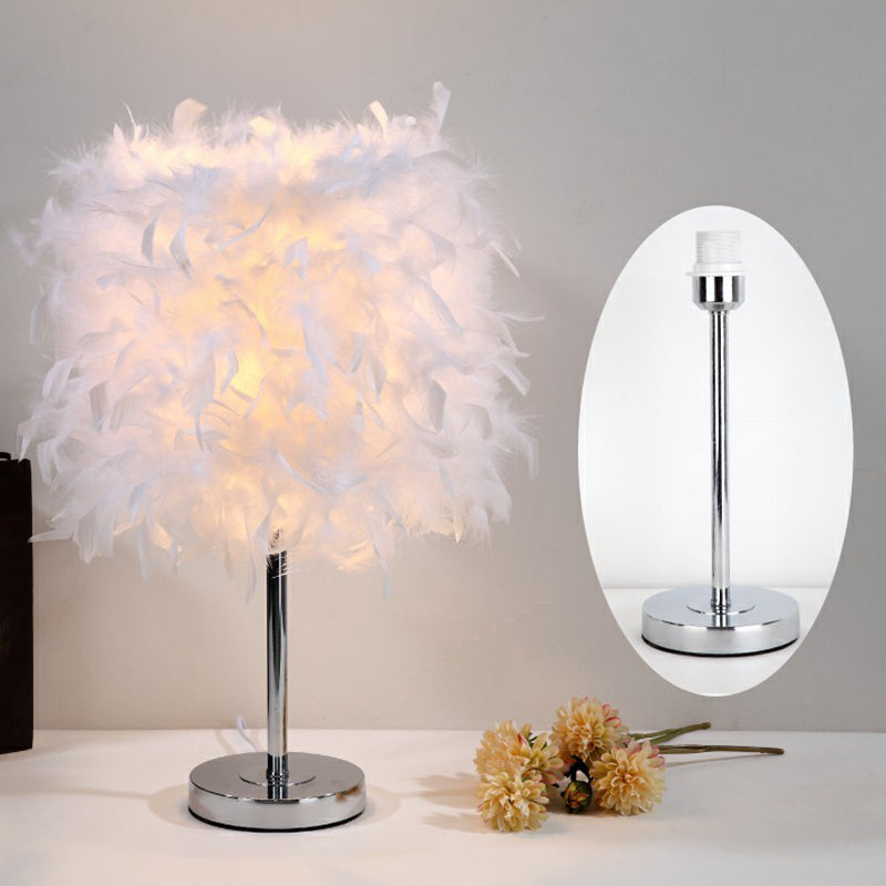 Cylinder Feather Nightstand Lamp Artistic Single Nickel Table Lighting for Bedroom