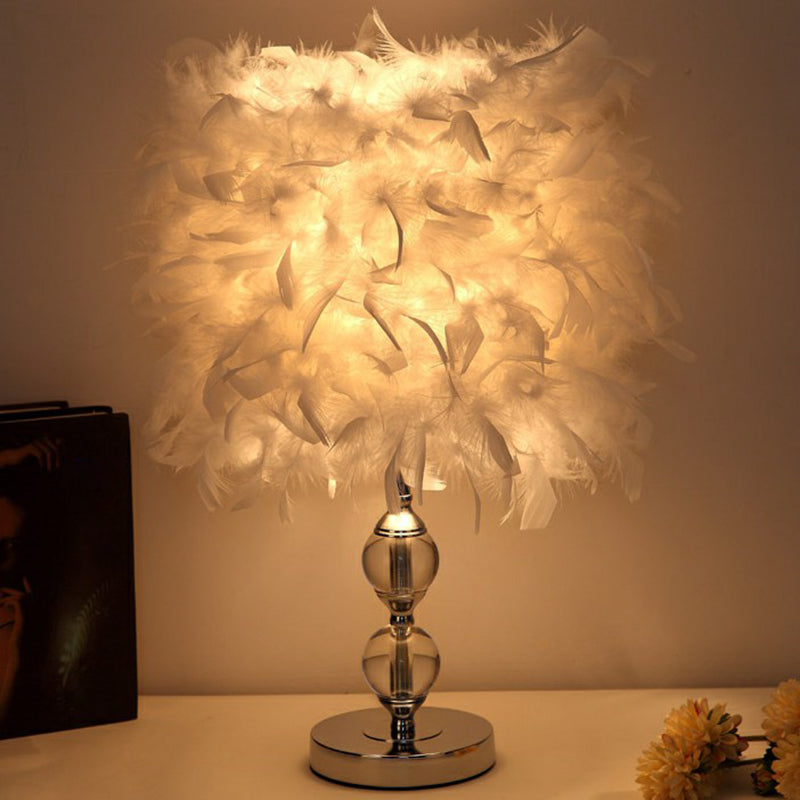 Cylinder Feather Nightstand Lamp Artistic Single Nickel Table Lighting for Bedroom