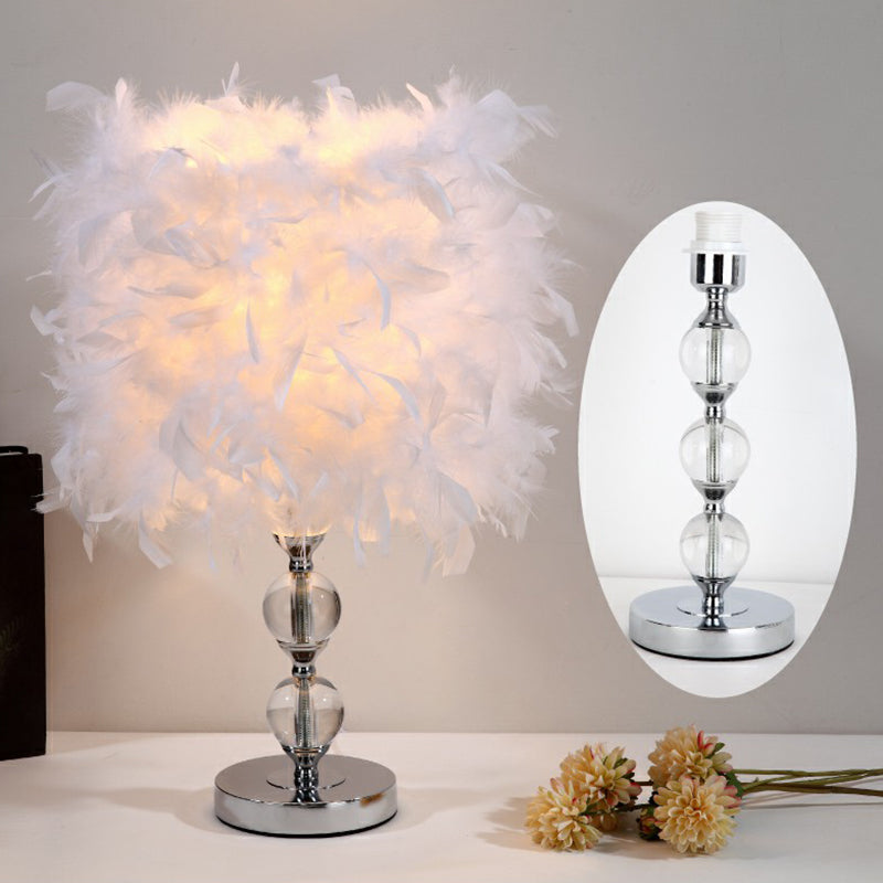 Cylinder Feather Nightstand Lamp Artistic Single Nickel Table Lighting for Bedroom