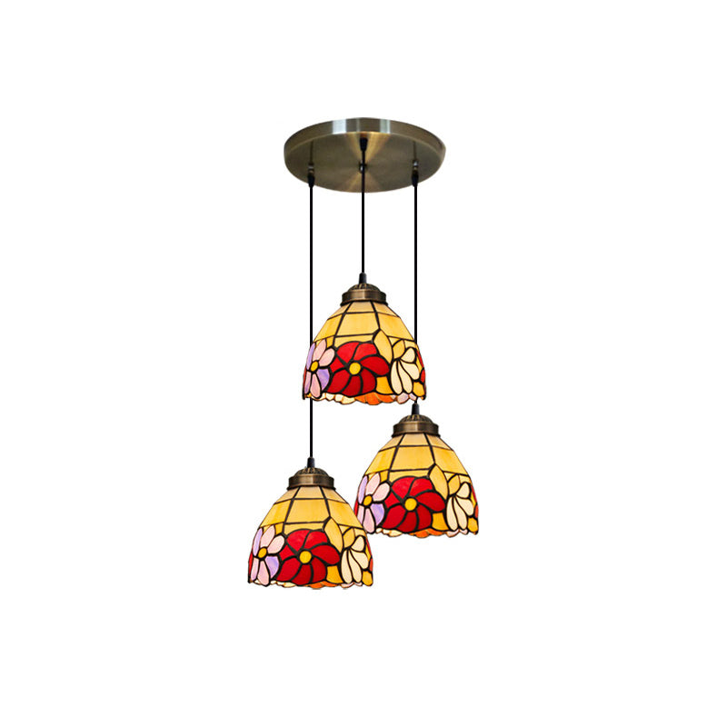 Bell Shaped Multi Light Pendant Decorative Floral Stained Glass 3 Heads Bronze Hanging Lighting