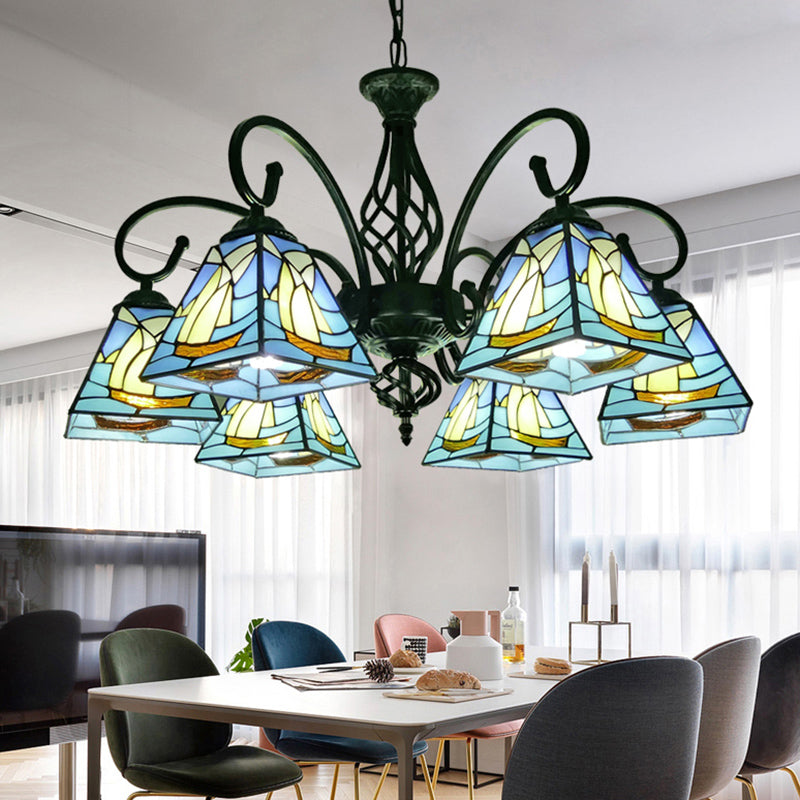 Pyramid Shade Chandelier Pendant Light Stained Glass Traditional Hanging Light for Dining Room