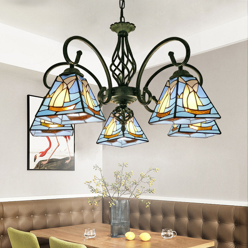 Pyramid Shade Chandelier Pendant Light Stained Glass Traditional Hanging Light for Dining Room