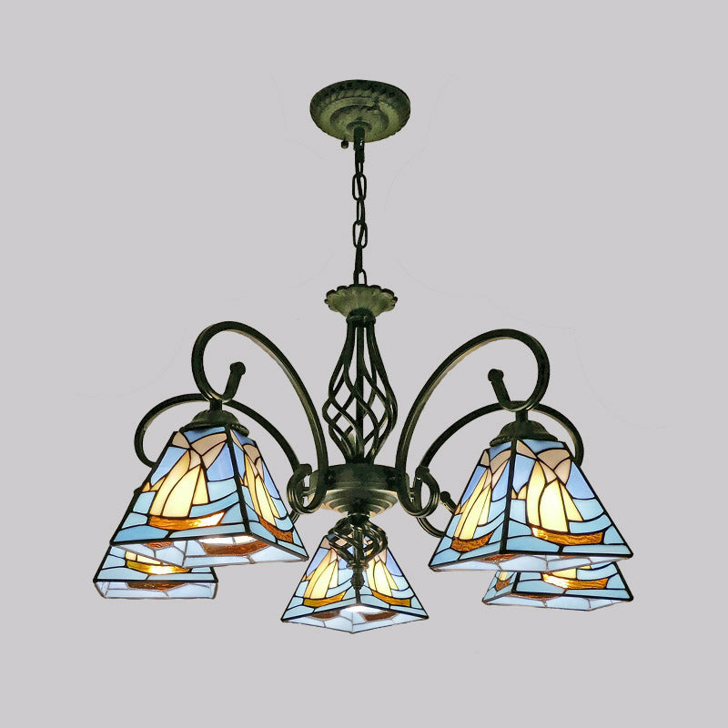 Pyramid Shade Chandelier Pendant Light Stained Glass Traditional Hanging Light for Dining Room