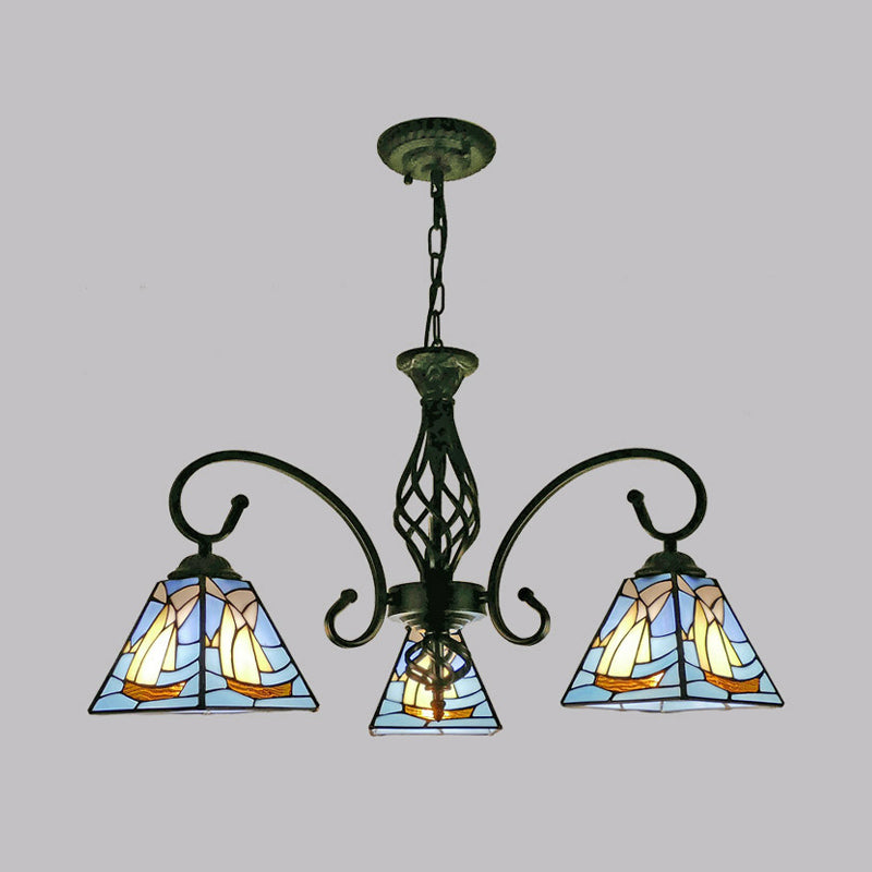 Pyramid Shade Chandelier Pendant Light Stained Glass Traditional Hanging Light for Dining Room