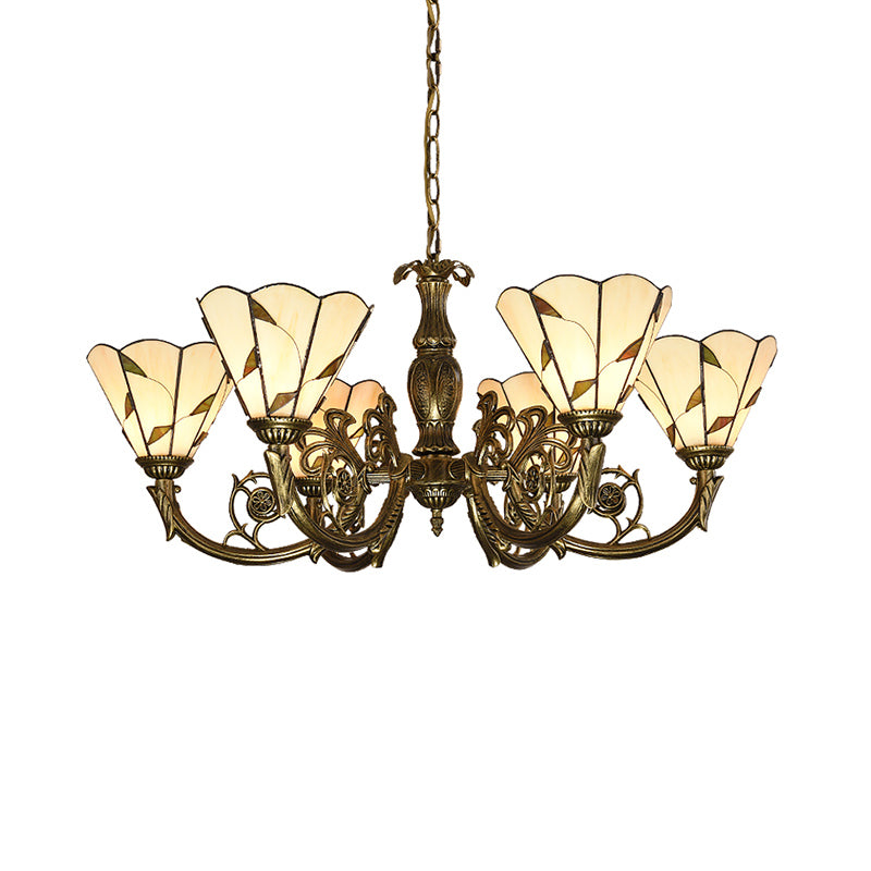 Bell Shade Chandelier Light Classic Hand Cut Glass Beige Pendant Light Fixture with Scalloped Edge