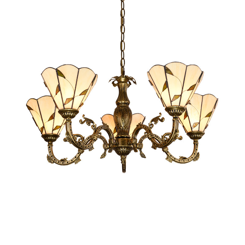 Bell Shade Chandelier Light Classic Hand Cut Glass Beige Pendant Light Fixture with Scalloped Edge