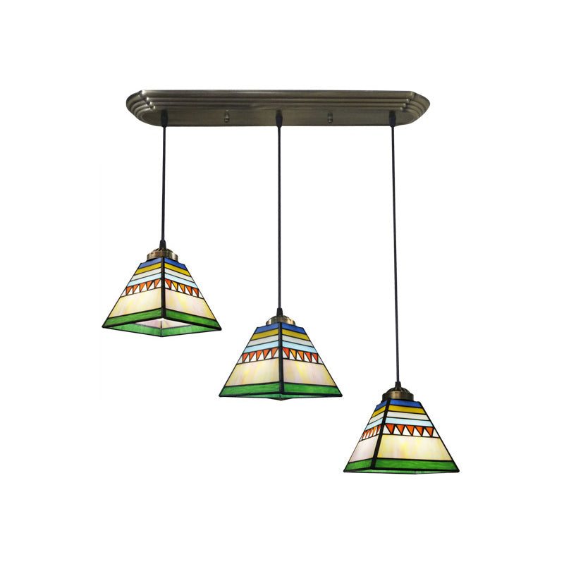 Buntglas schattiert hängende leichte traditionelle 3 Köpfe Bronze Multi -Light -Anhänger