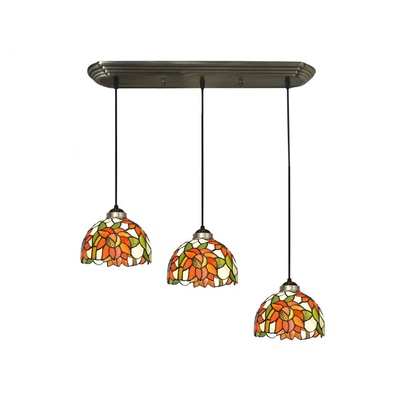 Verre tachée ombragée Lumière traditionnelle 3 têtes Bronze Multi Light Pendant