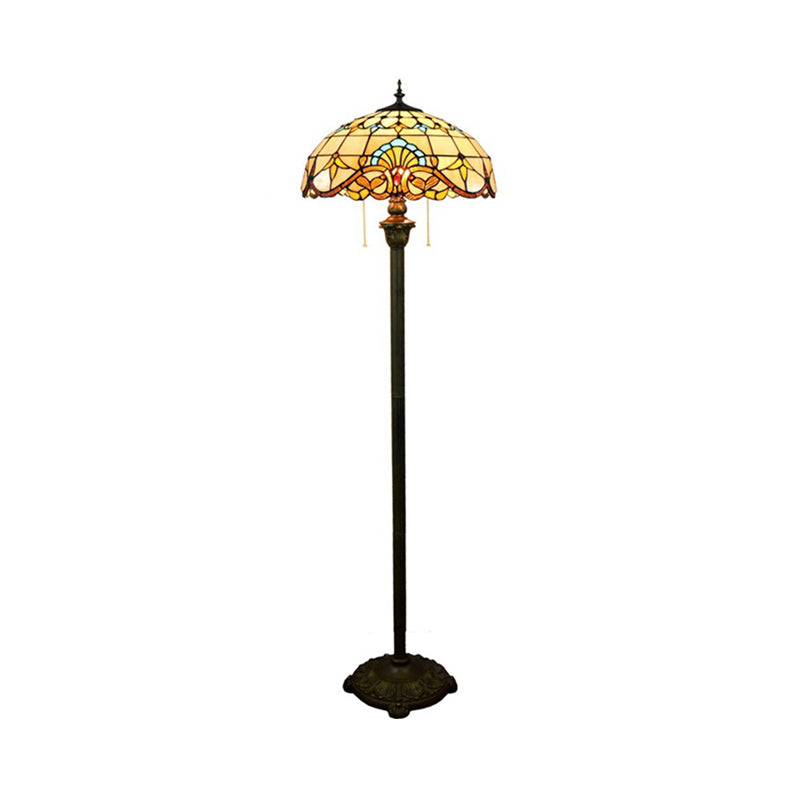 2 Heads Scalloped Dome Floor Lamp Baroque Brown Stained Glass Standing Light with Pull Chain for Living Room