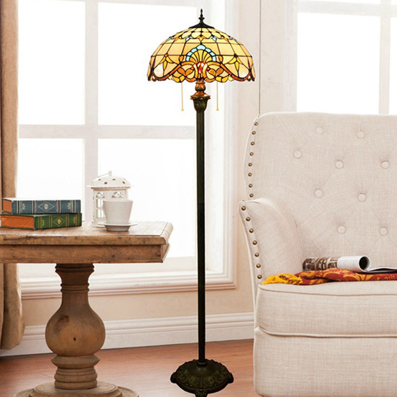 2 Heads Scalloped Dome Floor Lamp Baroque Brown Stained Glass Standing Light with Pull Chain for Living Room