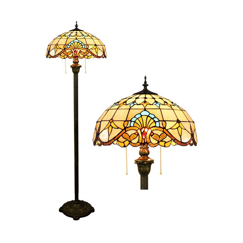 2 Heads Scalloped Dome Floor Lamp Baroque Brown Stained Glass Standing Light with Pull Chain for Living Room