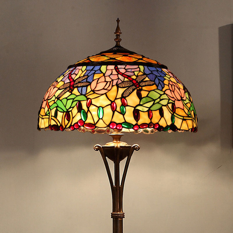 Green Dome Floor Light Vintage 3 Bulbs Stained Glass Pull Chain Standing Light with Floral and Dragonfly Pattern