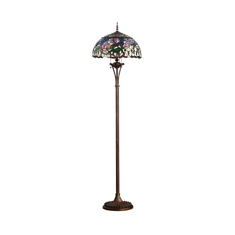 Groene koepel vloerlicht vintage 3 lampen glas in lood trekketting staand licht met bloemen- en libelpatroon