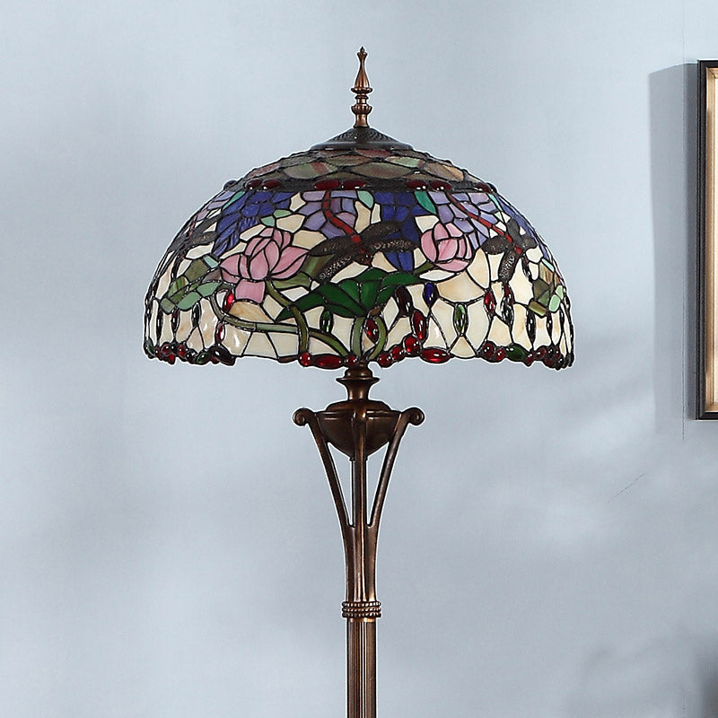 Groene koepel vloerlicht vintage 3 lampen glas in lood trekketting staand licht met bloemen- en libelpatroon