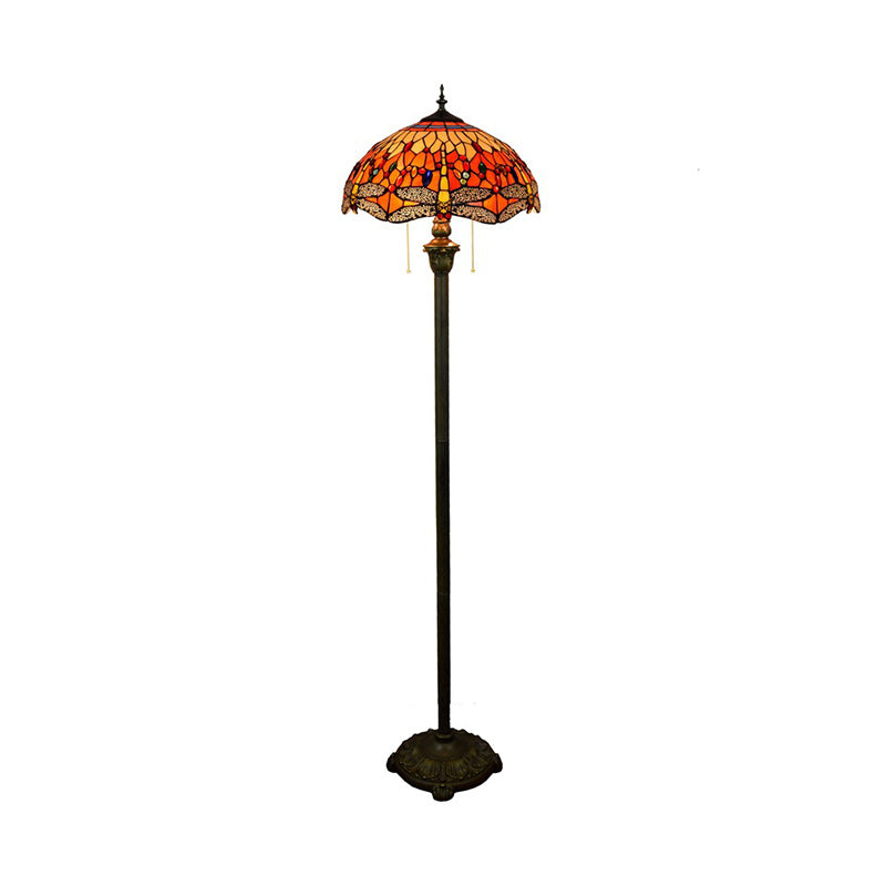 Traditional Bowl Standing Lamp 2 Bulbs Stained Glass Pull Chain Floor Light with Dragonfly Pattern in Orange