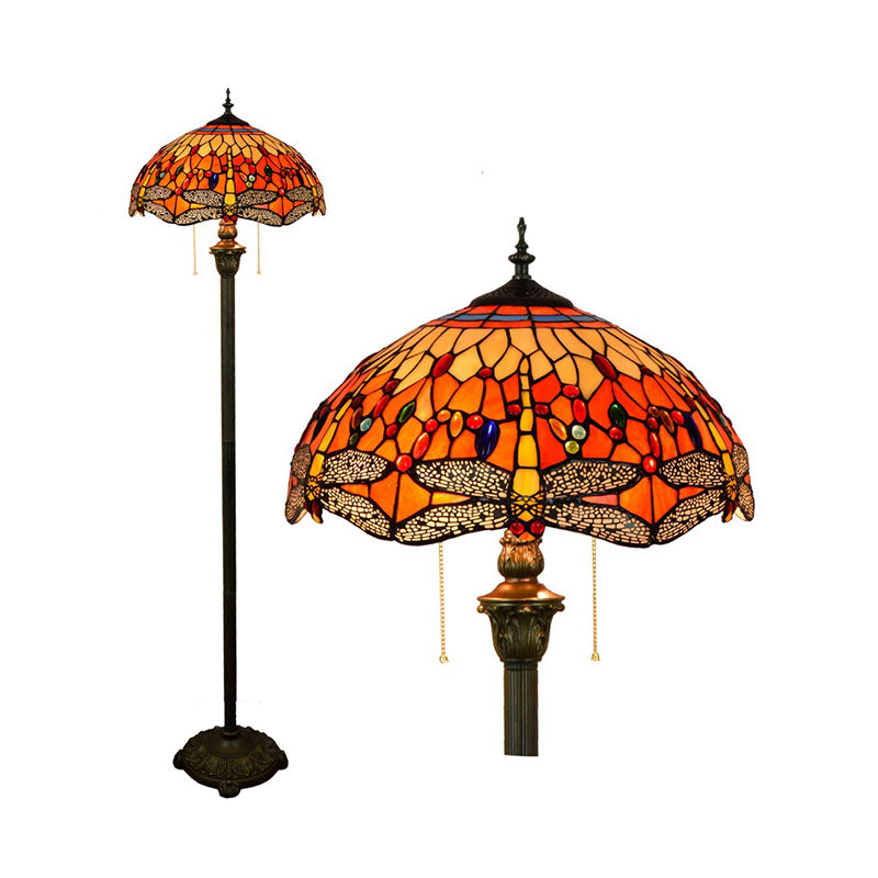 Traditional Bowl Standing Lamp 2 Bulbs Stained Glass Pull Chain Floor Light with Dragonfly Pattern in Orange