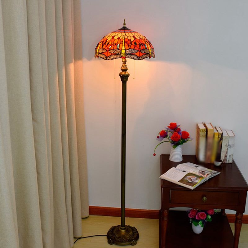 Traditional Bowl Standing Lamp 2 Bulbs Stained Glass Pull Chain Floor Light with Dragonfly Pattern in Orange