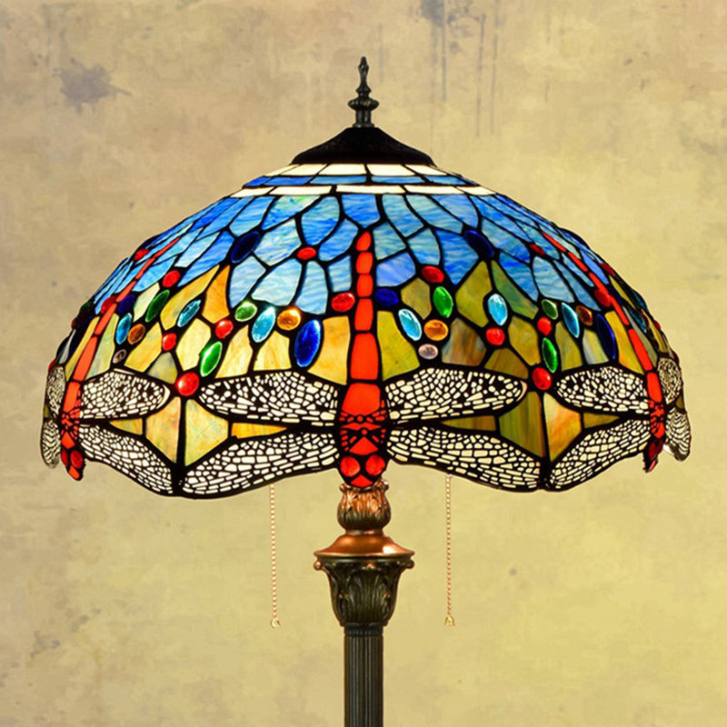 Dragonfly vloerlicht 2 koppen bevlekte kunstglas Tiffany staande lamp met trekketting in blauw