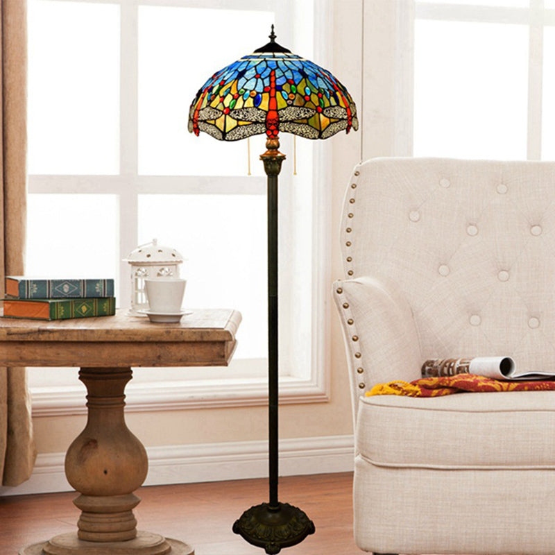 Dragonfly vloerlicht 2 koppen bevlekte kunstglas Tiffany staande lamp met trekketting in blauw