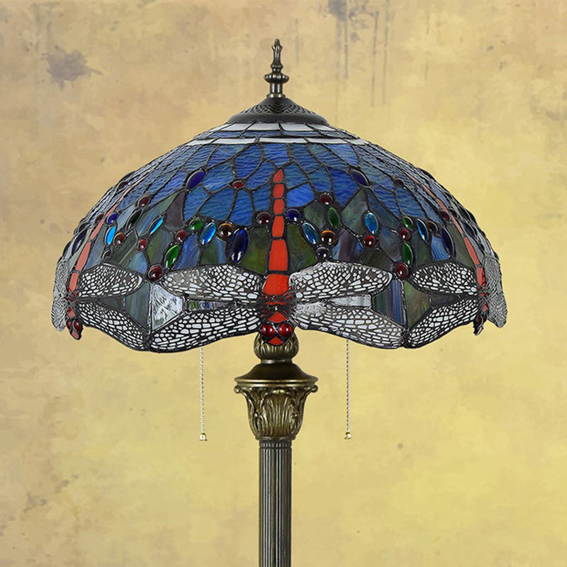 Dragonfly Floor Light 2 Heads Stained Art Glass Tiffany Standing Lamp with Pull Chain in Blue