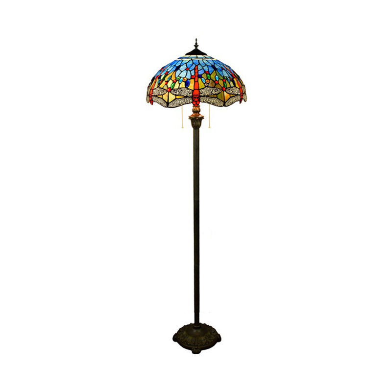 Dragonfly vloerlicht 2 koppen bevlekte kunstglas Tiffany staande lamp met trekketting in blauw