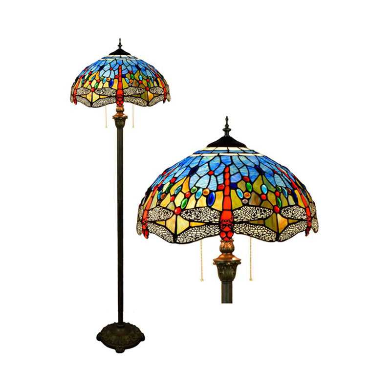 Dragonfly Floor Light 2 Heads Stained Art Glass Tiffany Standing Lamp with Pull Chain in Blue