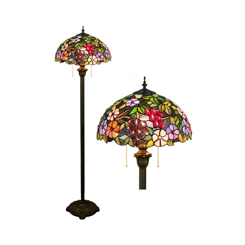 Schüssel Schattenstöbere Lampe Antike Buntkunstglas 2 Köpfe lila stehende Beleuchtung mit Trauben und Blumenmuster