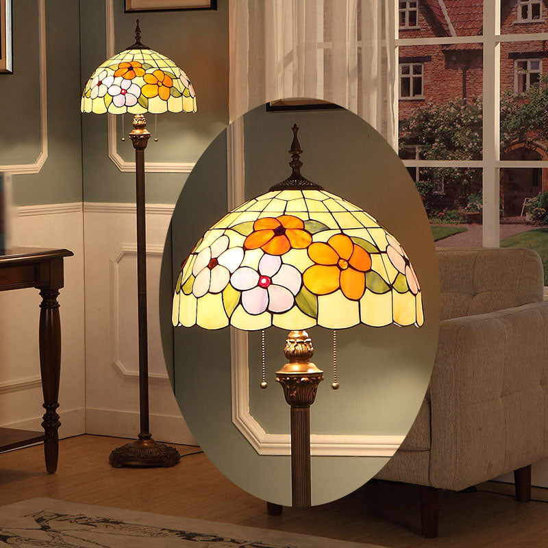 Stained Glass Beige Stand Up Lamp Flower 2 Bulbs Vintage Pull Chain Floor Lighting for Living Room