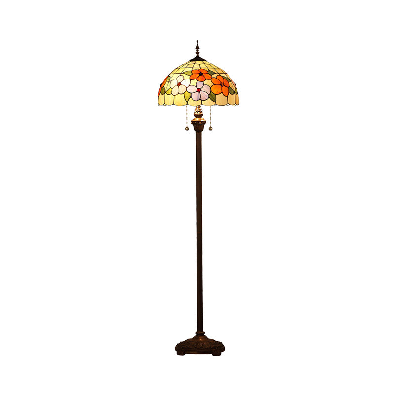 Stained Glass Beige Stand Up Lamp Flower 2 Bulbs Vintage Pull Chain Floor Lighting for Living Room