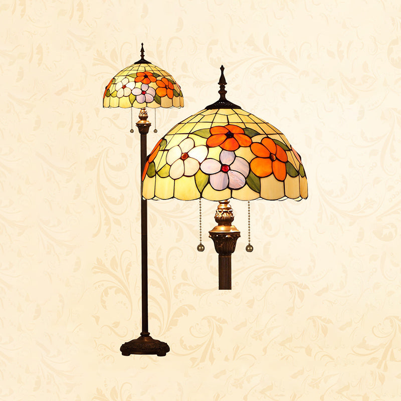 Stained Glass Beige Stand Up Lamp Flower 2 Bulbs Vintage Pull Chain Floor Lighting for Living Room