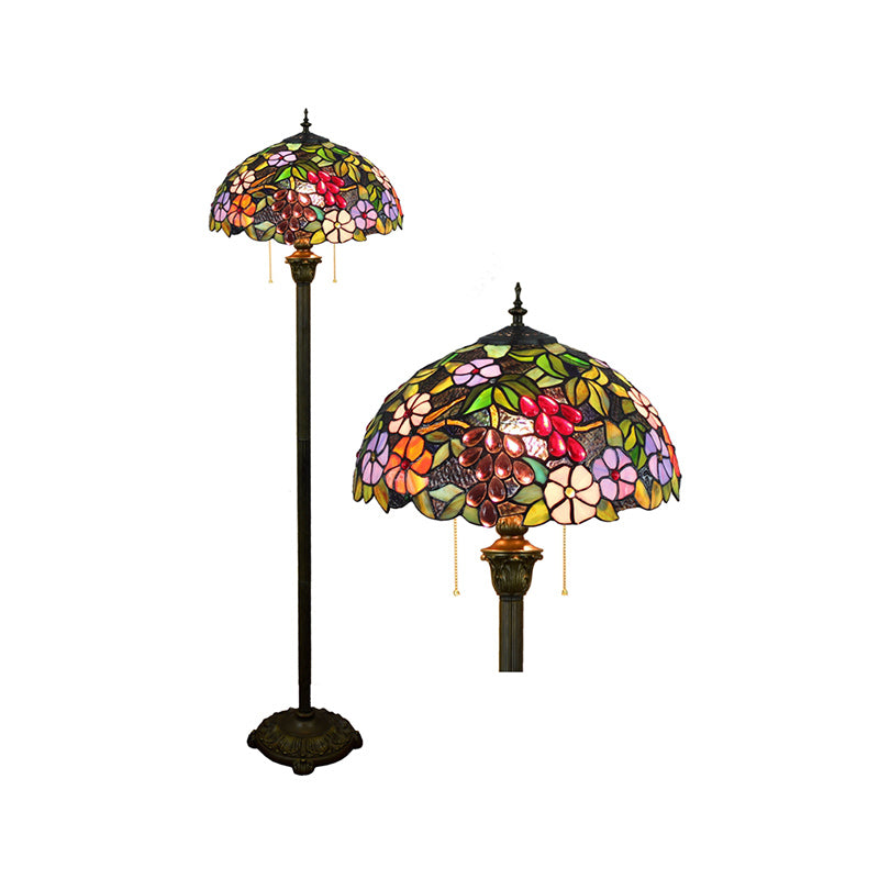 Tiffany Dome Shade in piedi Light 2 Bulbs Lampada a pavimento in vetro artigianale con catena a trazione