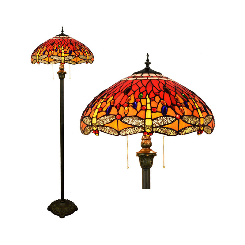 Tiffany Dome Shade Standing Light 2 Bollen handgemaakte glazen vloerlamp met trekketting