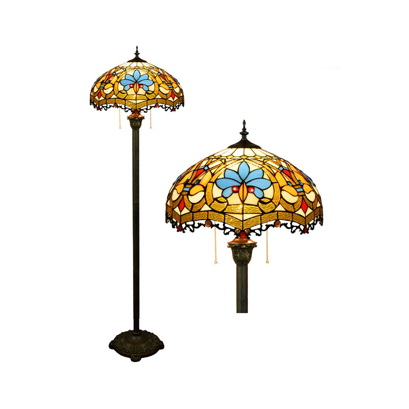 Tiffany Dome Shade Standing Light 2 Bulbs Handcrafted Glass Floor Lamp with Pull Chain