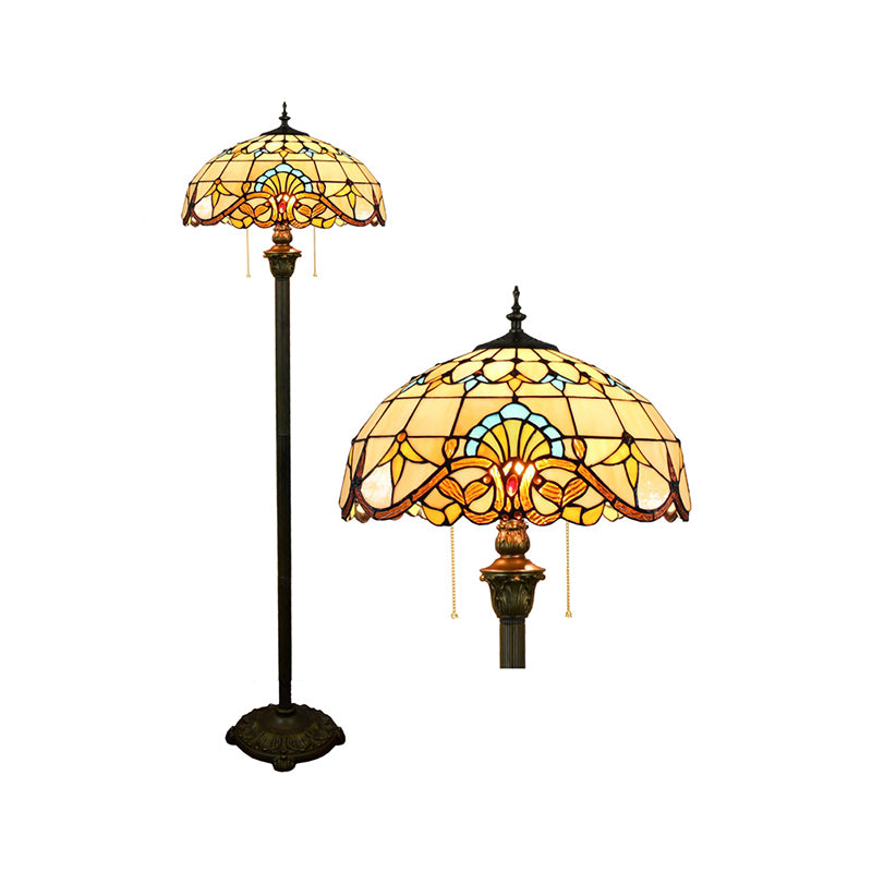 Tiffany Dome Shade Standing Light 2 Bulbs Handcrafted Glass Floor Lamp with Pull Chain