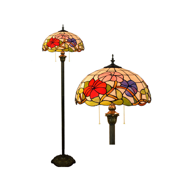 Tiffany Dome Shade Luz de pie 2 lámpara de vidrio artesanal con cadena de extracción