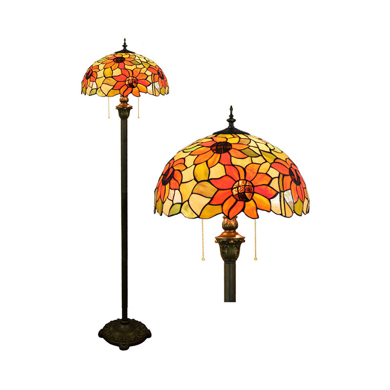 Tiffany Dome Shade Luz de pie 2 lámpara de vidrio artesanal con cadena de extracción