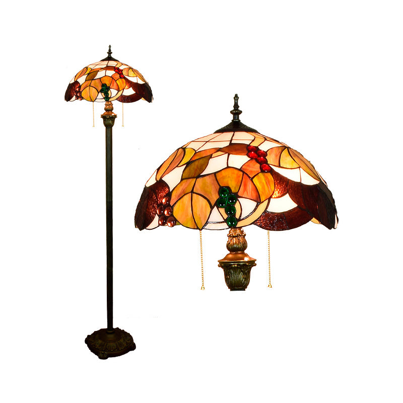 Tiffany Dome Shade Standing Light 2 Bulbs Handcrafted Glass Floor Lamp with Pull Chain