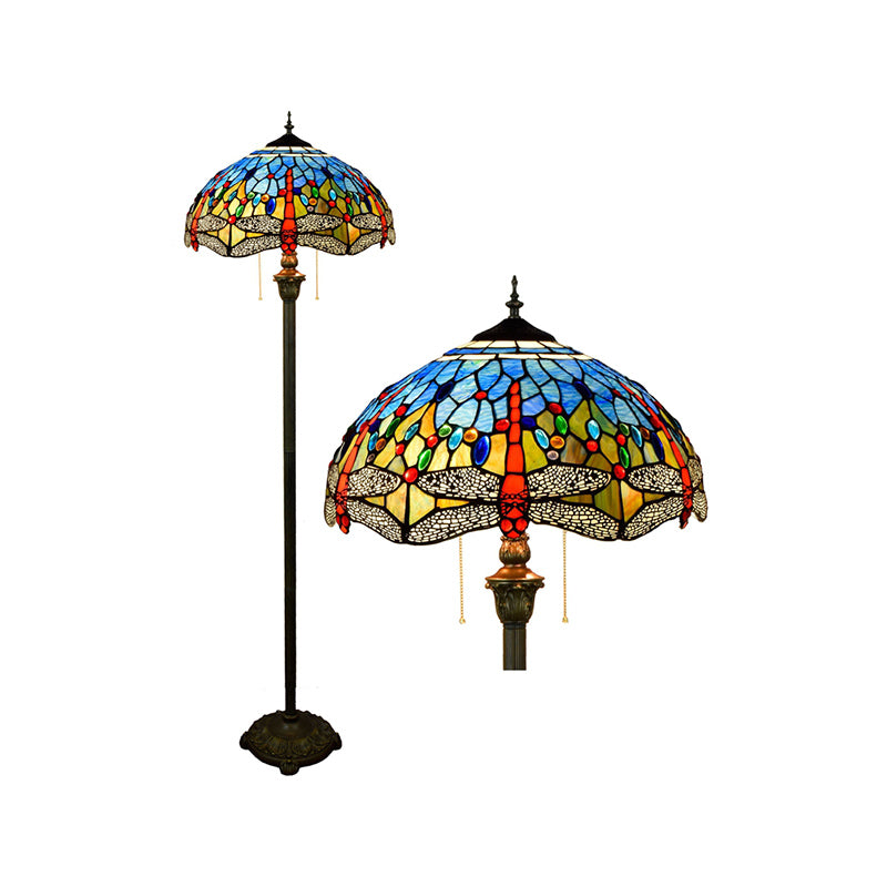 Tiffany Dome Shade Standing Light 2 Bulbs Handcrafted Glass Floor Lamp with Pull Chain